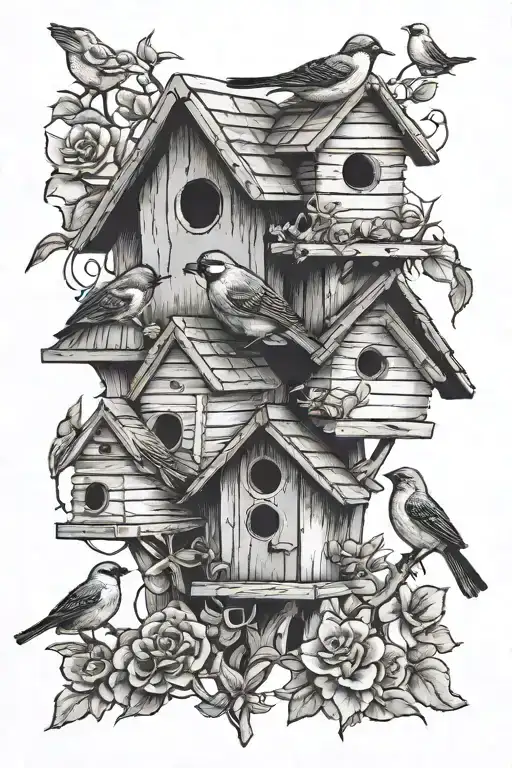 Birds Near Metal Birdhouses