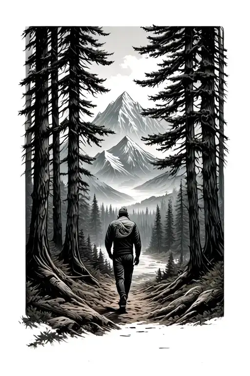 Man Walking Through A Forest With Mountains Inside