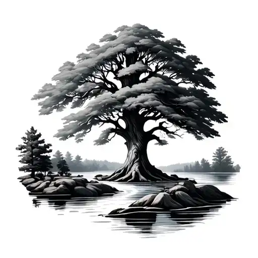Oak Tree With A River Running
