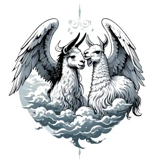 Angel And Demon Facing With Clouds And Llamas Around