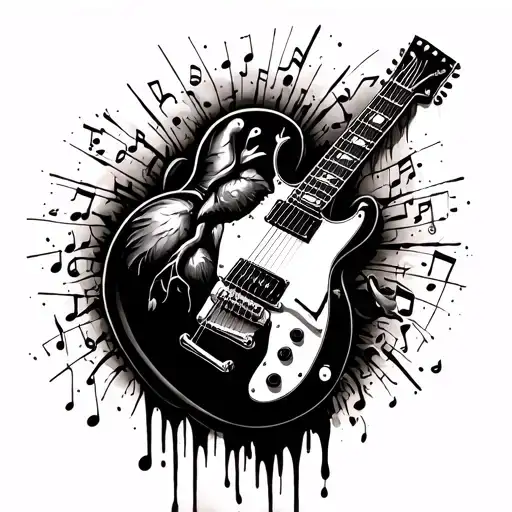 Guitar Neck Through Heart Dripping Blood Music Notes