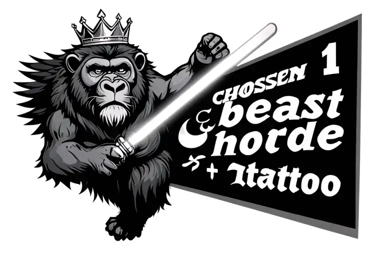 Gorrila And Lion With Crown Flying And Holding Lightsaber And Text Saying Chosen 1 And Beast Mode