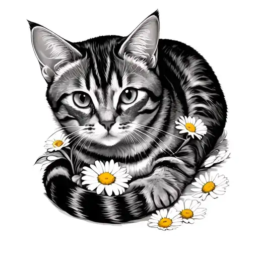 Cat Laying In Daisies Growing