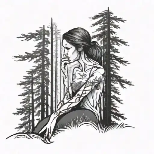 Tall Skinny Trees Black And White With White Silhouette Of Girl On Her Knees Covering Her Ears