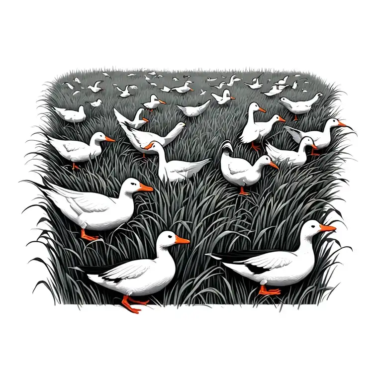 Landing Flock Of Ducks Over A Rice Field