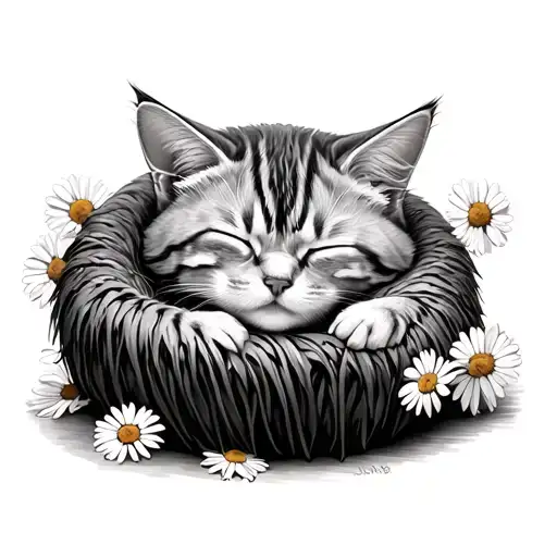 Cat Sleeping In A Ball Surrounded By Daisies Top View