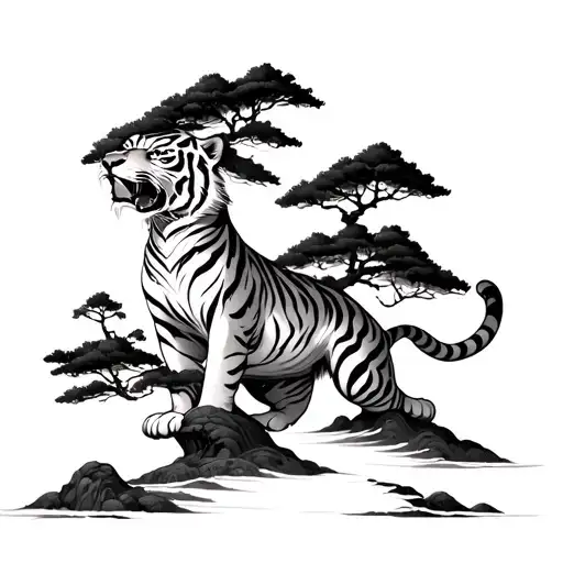 Japanese Bonsai Landscape With Tiger Crouching Upwards