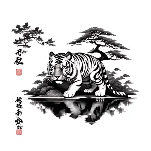 Japanese Bonsai Landscape With Tiger Crouching Tiger Full