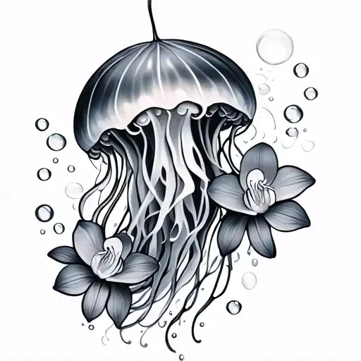 Jellyfish With Orchids And Bubbles Rising