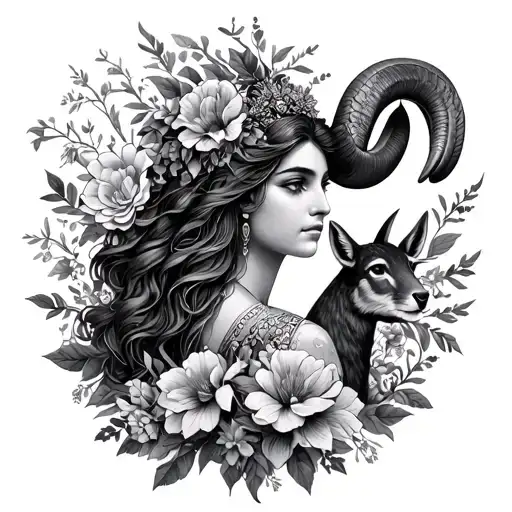 Goddess Of Aries Surrounded By Flowers And Animals