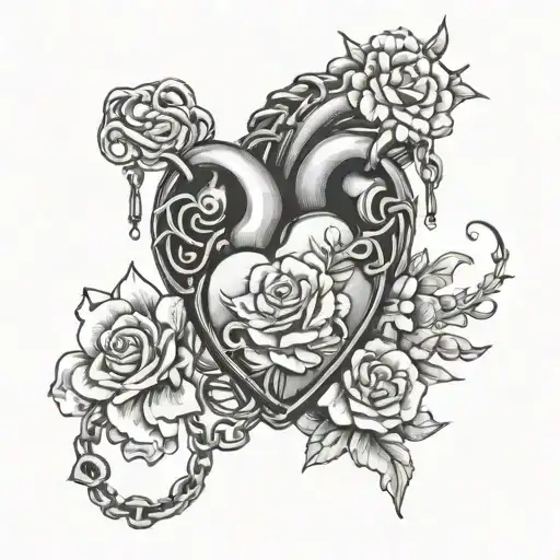 Osary Tattoo Designs Heart With Chain & Lock With Flowers