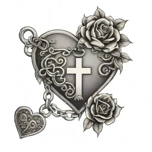 Cross Beaded Designs Heart With Chain & Lock With Flowers