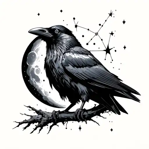 Raven Perched Moon Rising Andromeda Constellation Stars