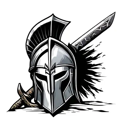 Spartan Helmet With A Sword Behind It