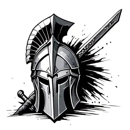 Spartan Helmet With A Sword Behind It
