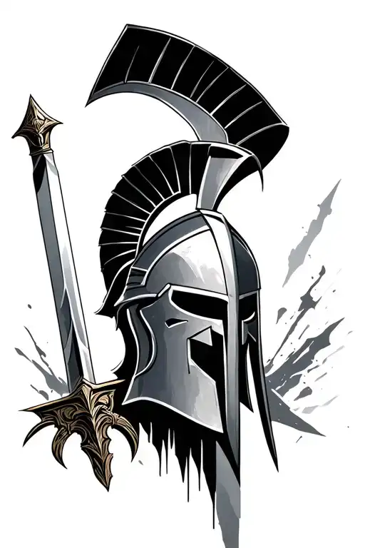Spartan Helmet With A Sword Behind It