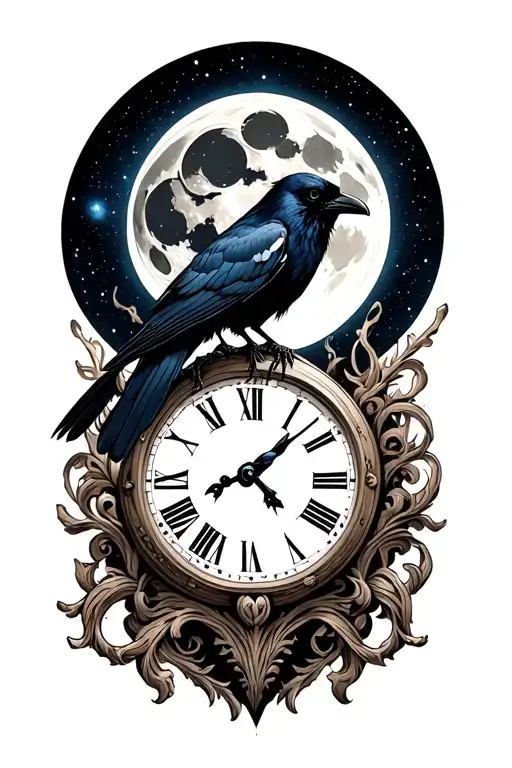 Raven Perched Moon Rising Andromeda Galaxy And A Clock