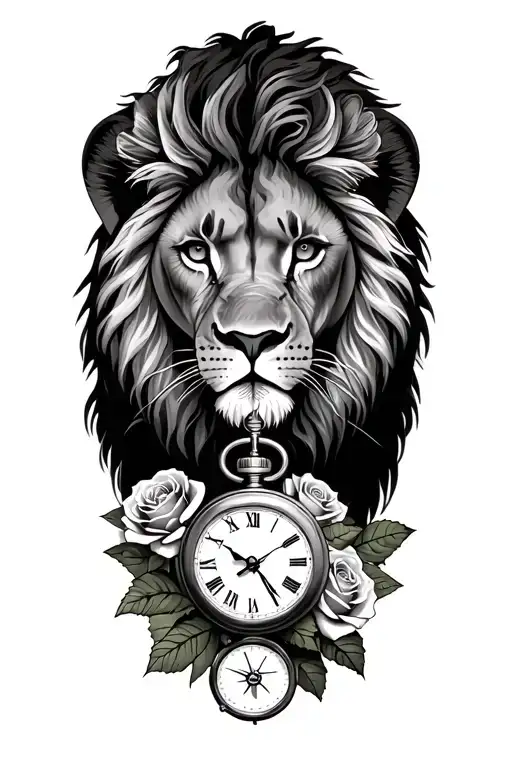 Lion And Lioness With Pocket Watch And Roses Growing
