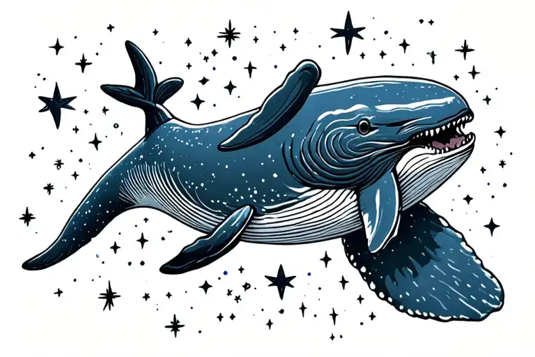 Blue Whale Swiming In Space Trought Stars