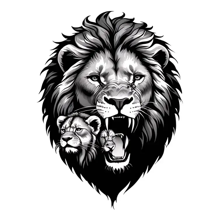 Lion Roaring With Cubs