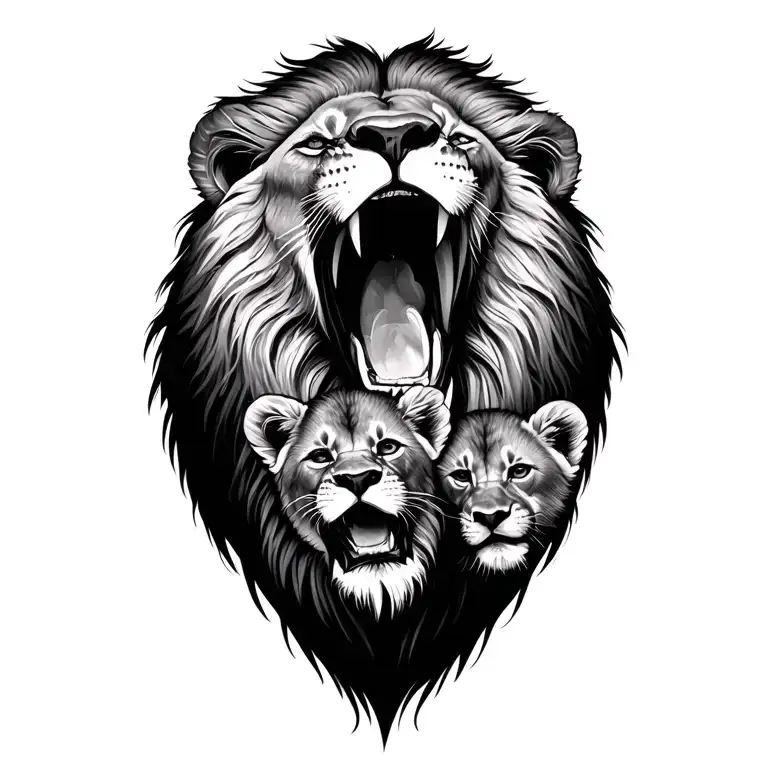 Lion Roaring With Cubs