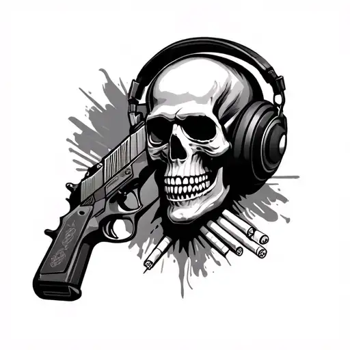 Air Soft Gun With Dj Head Phones And Cod And Cigarettes Tattoo No Skull