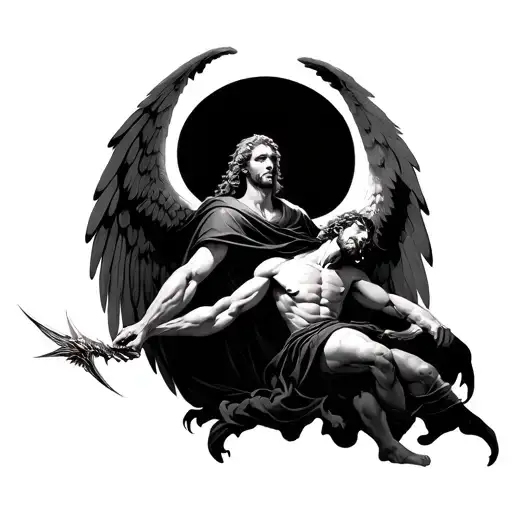 Arch Angel Michael Wearing Dark Robes Defeating Lucifer