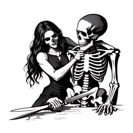 Woman Stabbing A Male Skeleton