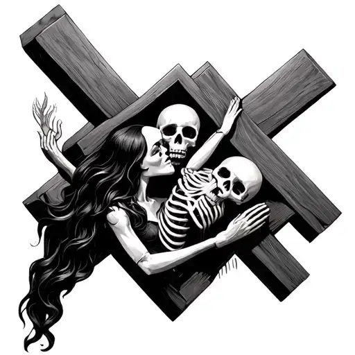 Skeleton Praying To A Woman On A Cross