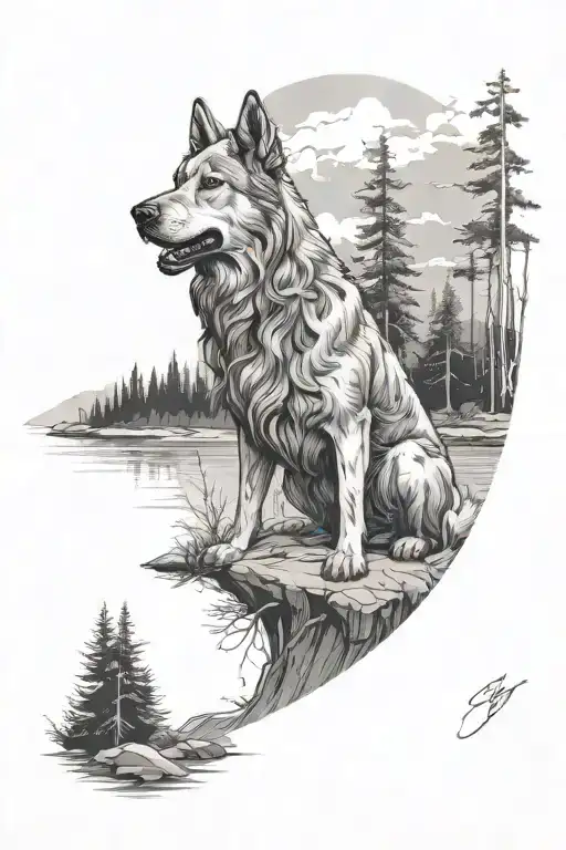 Forest With River Flowing Dog Sitting