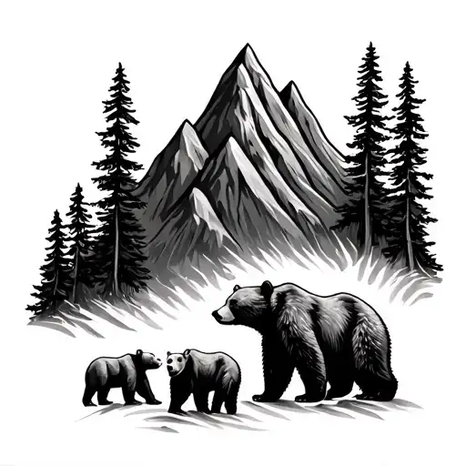 Mountain Range With Trees And 2 Baby Bears And Mom And Dad Bear