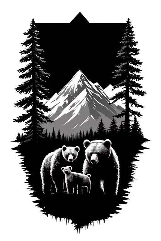 Mountain Range With Trees And 2 Baby Bears And Mom And Dad Bear