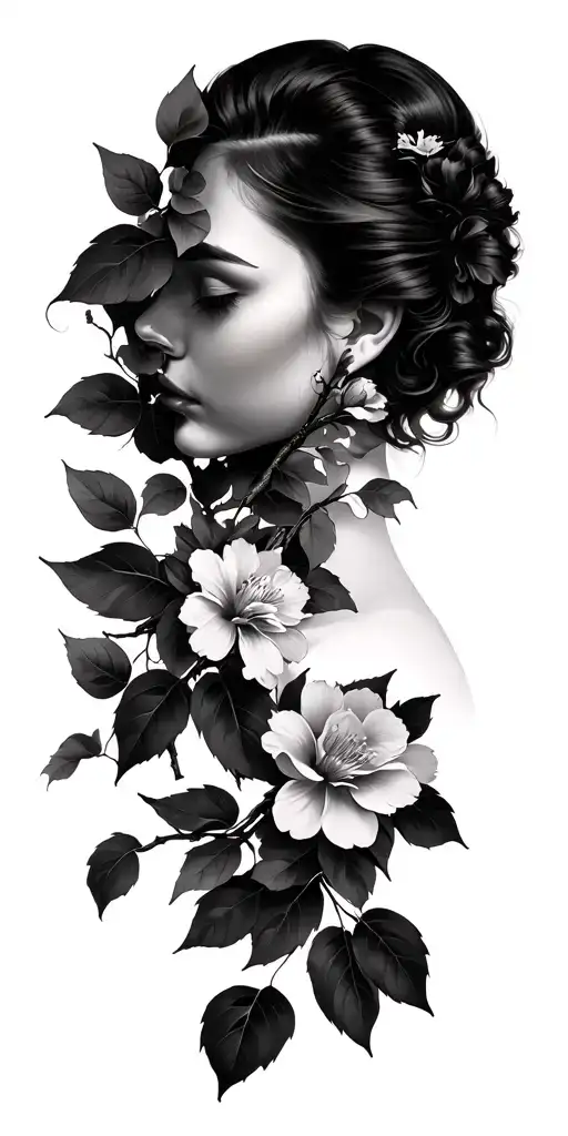 Great Profile That Turns The Head On A Branch With Leaves And Flowers