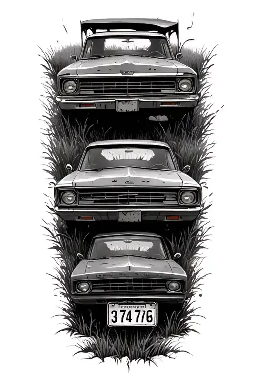 Junkyard With Old Scrap Vehicles In A Field 4 License Plates With Dates