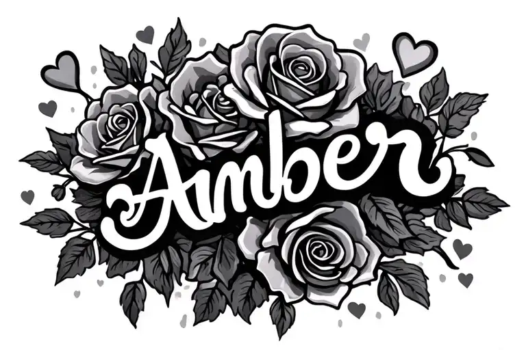 Amber Name Tattoo With Roses And Hearts