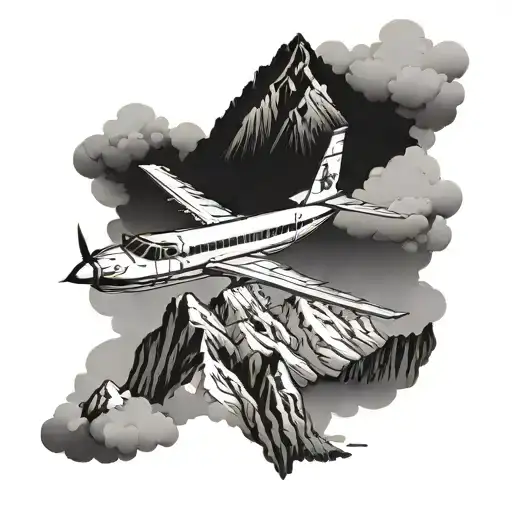 Aircraft With Mountain Scene Featuring Iconic Symbols