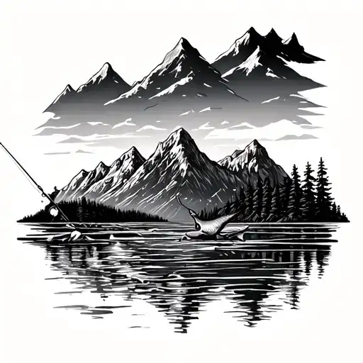 Mountains And Fishing Rod