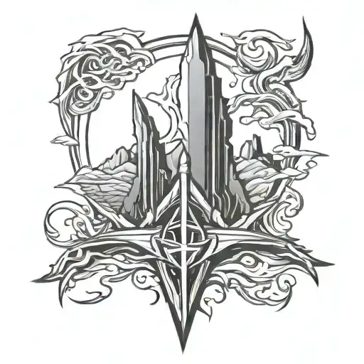 Trident Surounded By Mountians