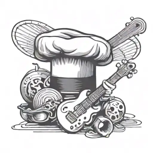 A Black-grey Tattoo Of A Chef's Hat With Musical Instruments Incorporated Into The Design