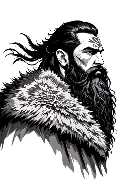 A Viking Warrior With Fur Coat And Long Beard And Long Black Hair