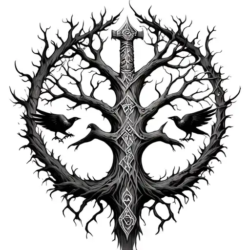 Yggdrasil Tree With Thors Hammer And Hugin And Munin