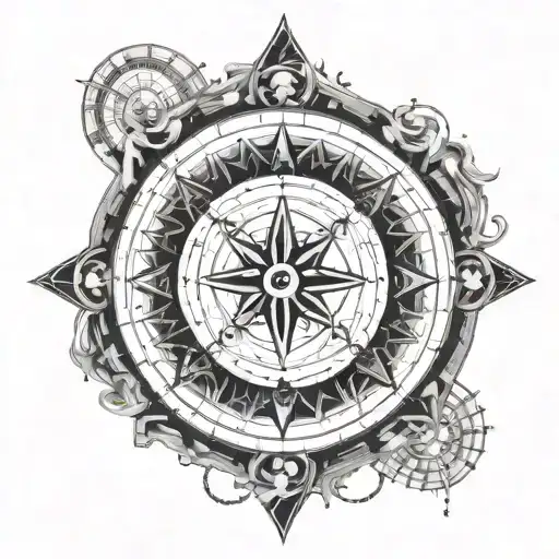 A Black And Grey Interpretation Of A Compass Intertwined With Psychedelic Patterns And Space Imagery