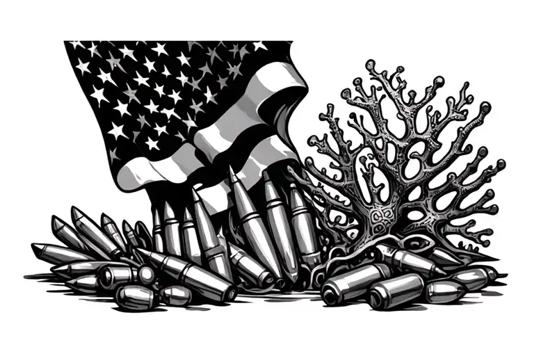 Patriotic Neck Tattoo With Bullet Shells Nearby And Corals