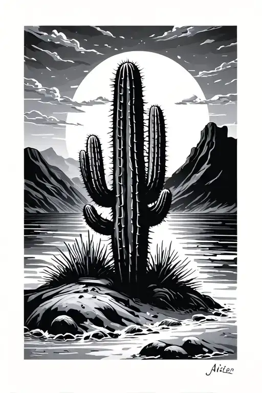 Cactus In Desert Island Sunset