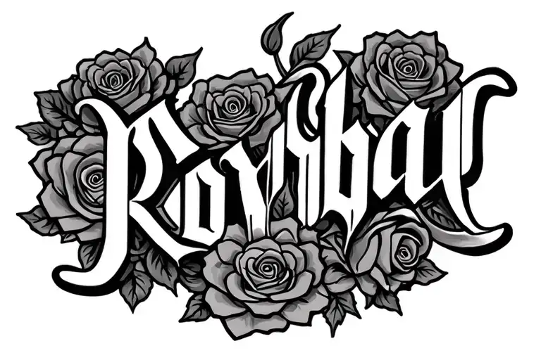 Roybal In Chicano Style Tattoo With Old English Writing And Roses