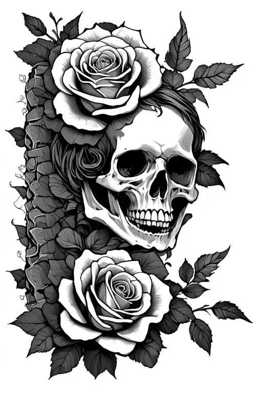 Death Theme Spine Tattoo With Roses
