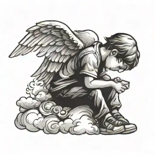 Male Child With Angel Wings Sitting On A Cloud With Head Down And Letter K On Cap