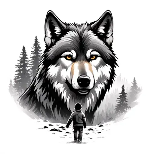 Wolf Headin Front Of Forest Scene With Little Boy In Front Of Them