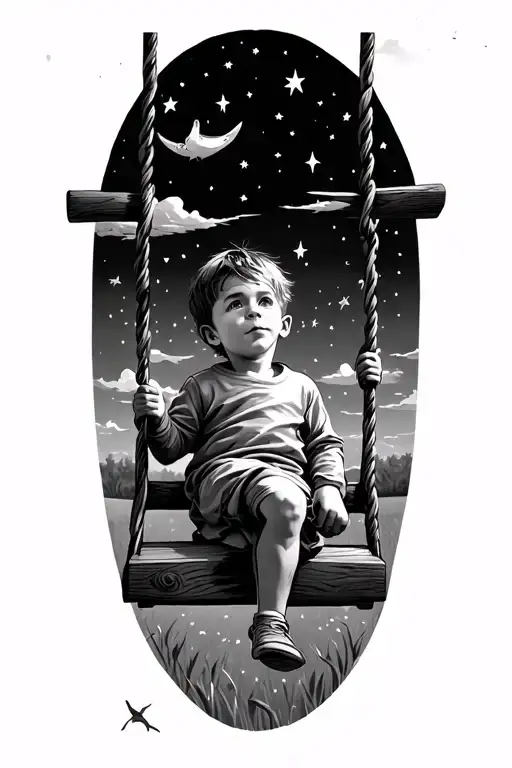 Little Boy On A Old Swing Under Sky Full Of Stars