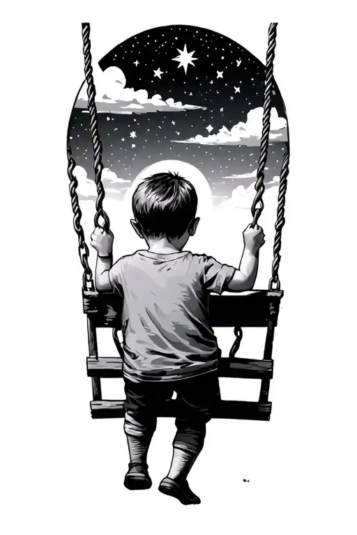 Little Boy On A Old Swing Facing Backwards Under Sky Full Of Stars